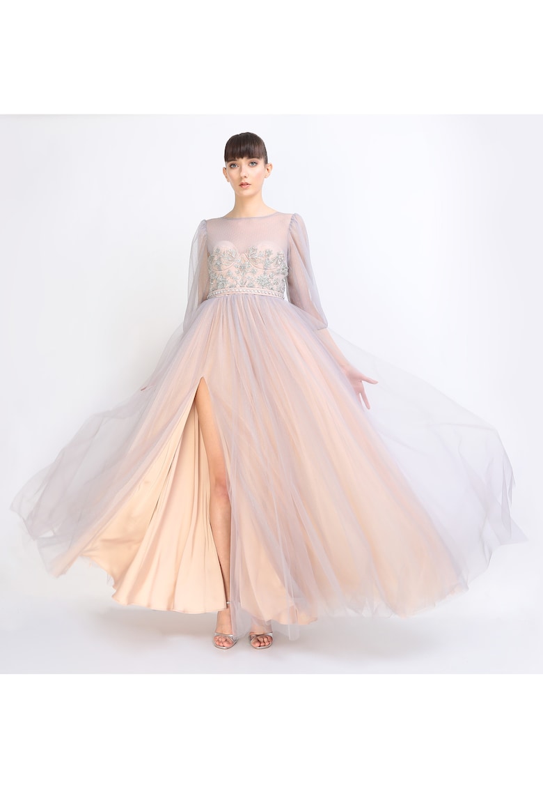 Rochie maxi din tul cu crapatura adanca pe picior Kasia - Bej/Gri