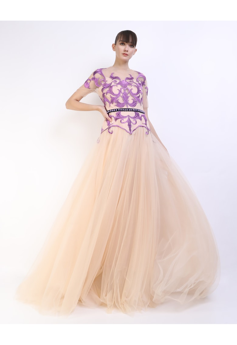 Rochie maxi din tul cu dantela Tatiana - Bej