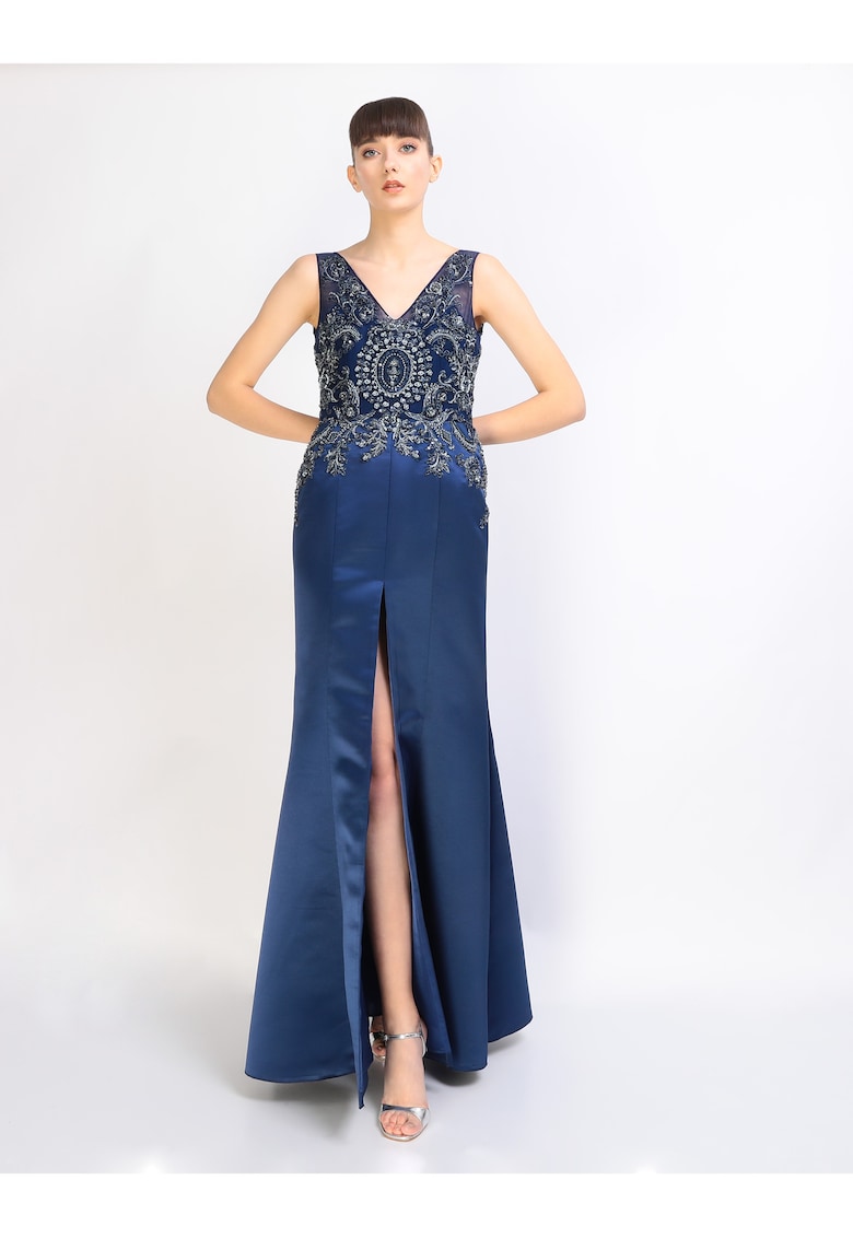 Rochie maxi din tafta cu detalii brodate Fabiana - Bleumarin inchis