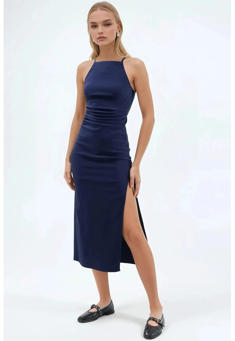 Rochie midi dama - cu slit - bleumarin - textil