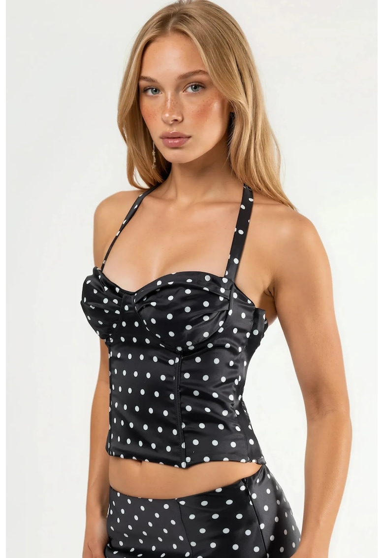 Top dama - top scurt cu guler inima si buline - negru - jerseu