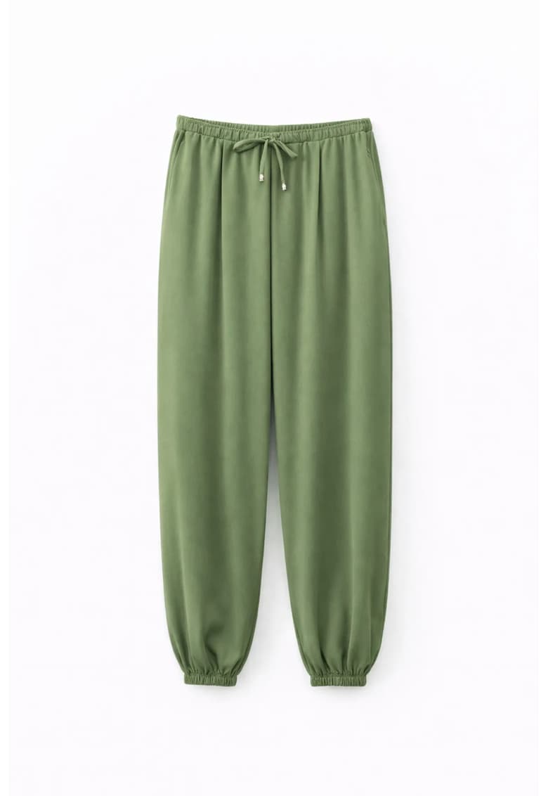 Pantaloni dama - lungi - snur in talie - Verde Kaki - textil
