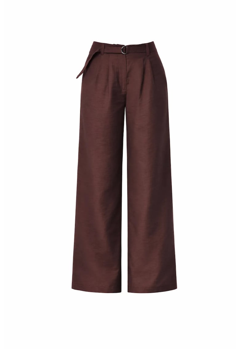 Pantaloni dama - texturati - talie inalta - picior larg - maro - textil
