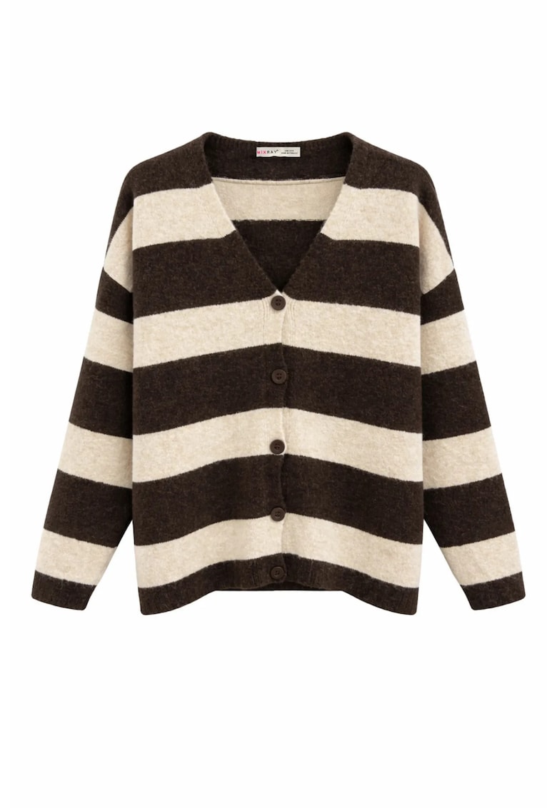 Cardigan tricotat - cu dungi - maro - poliester -