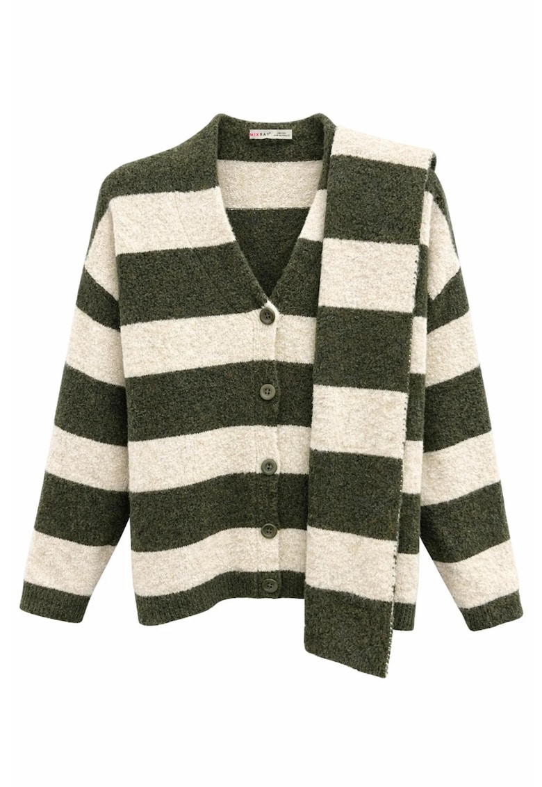 Set cardigan si fularTricotat - Dungi - Verde Kaki - 100% poliester - One Size