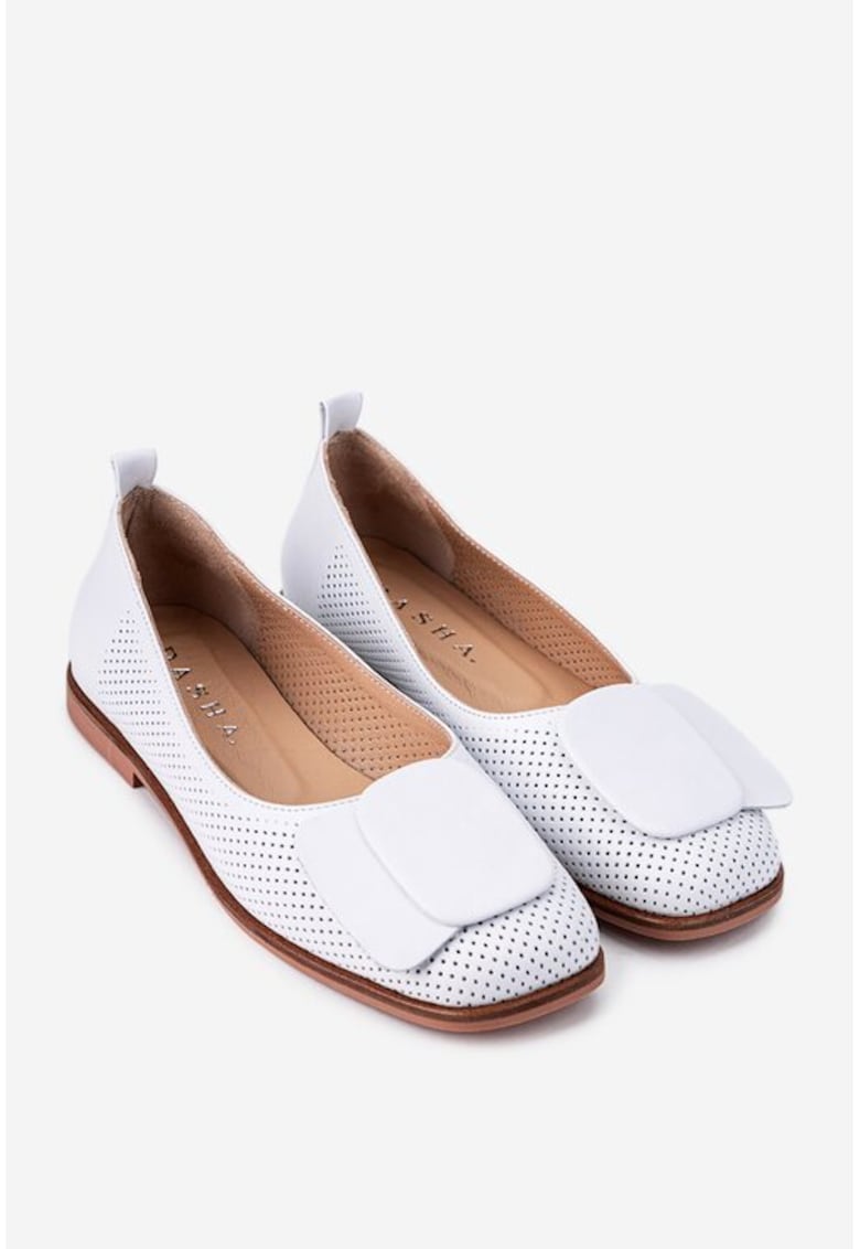 Balerini dama piela naturala - model perforat - alb -
