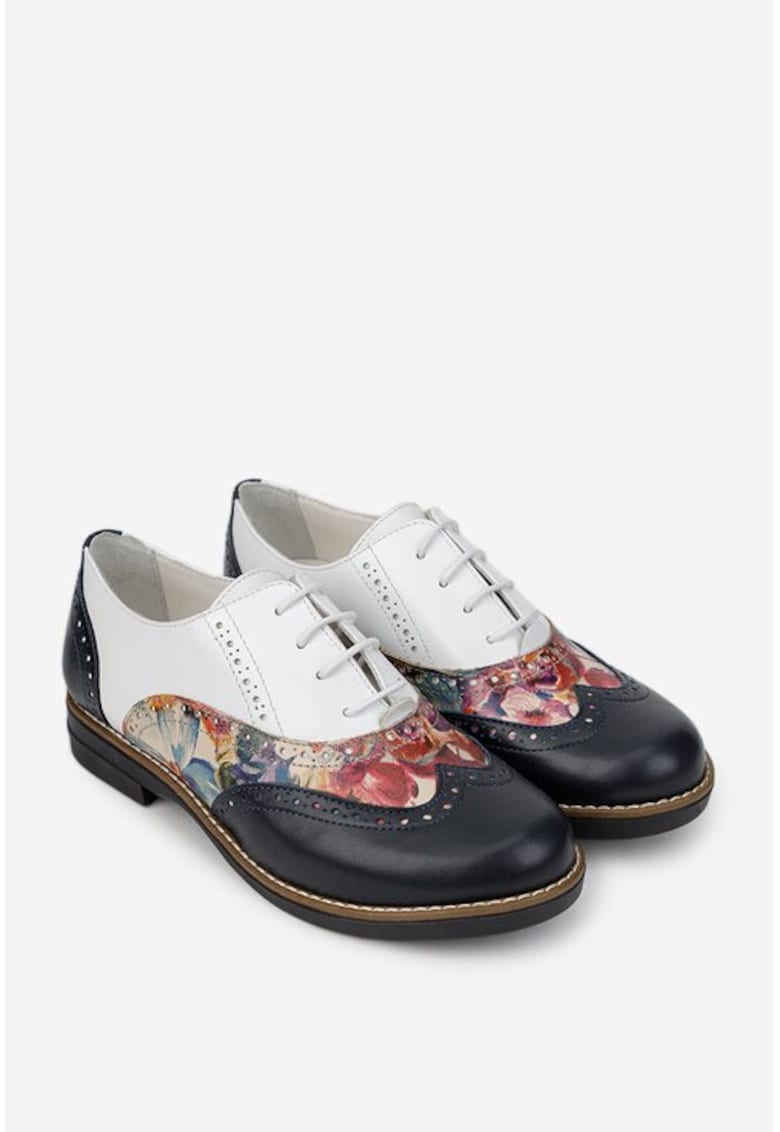 Pantofi dama albi cu bleumarin din piele cu detalii florale