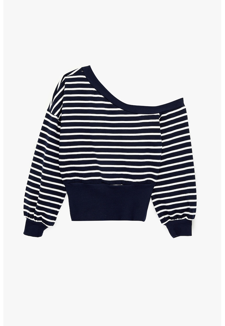 Pulover cu dungi si decolteu pe un umar - Alb/Bleumarin