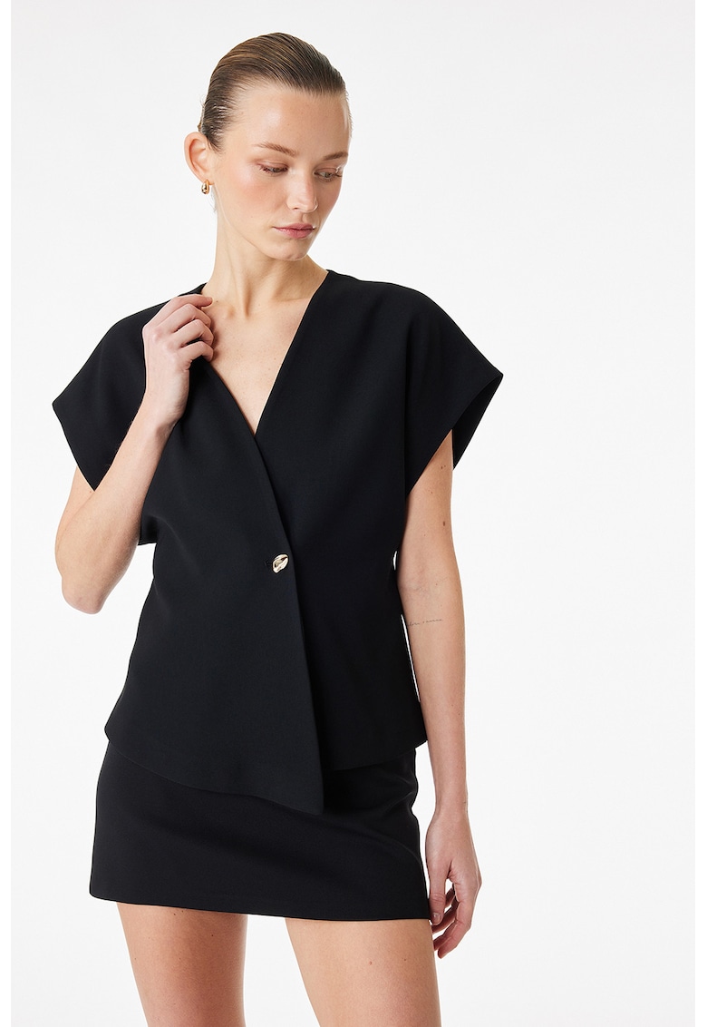 Bluza asimtrica cu decolteu in V si aspect petrecut - Negru