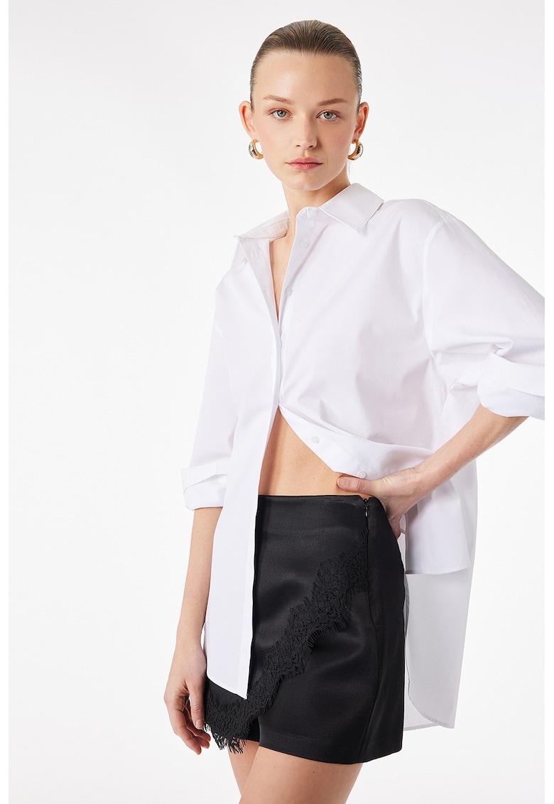 Fusta-pantalon mini de satin cu detalii de dantela - Negru stins