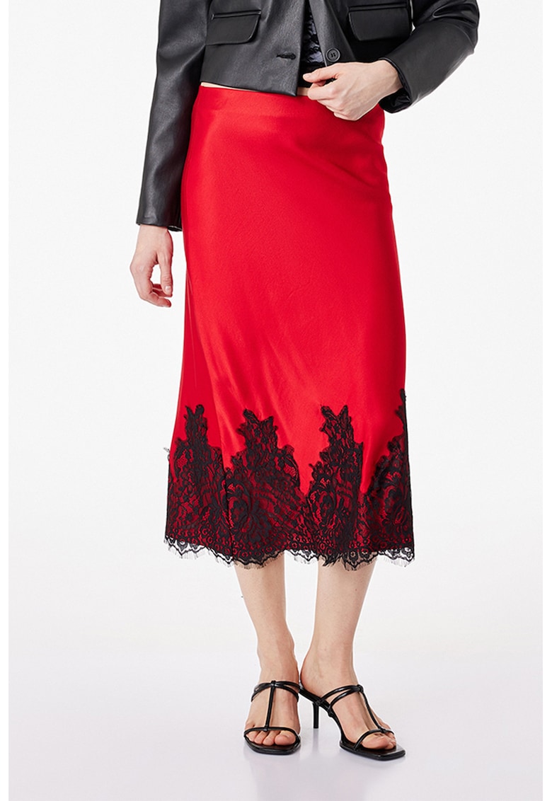 Fusta midi cu garnituri de dantela - Negru stins/Rosu vermillion
