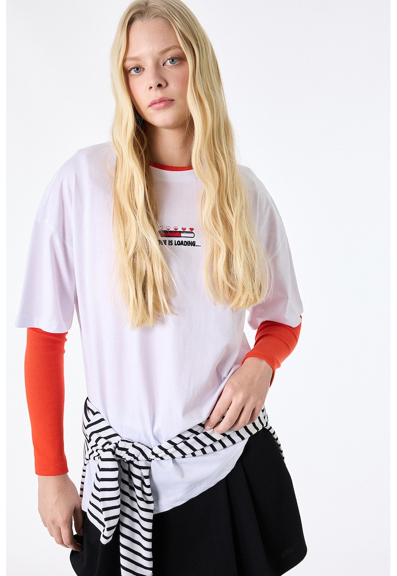 Tricou lejer de bumbac cu imprimeu text - Rosu/Alb murdar