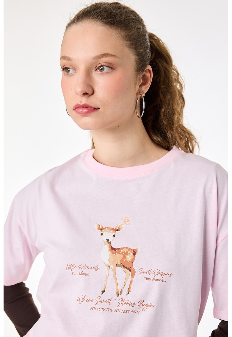Tricou de bumbac cu imprimeu grafic - Roz pastel