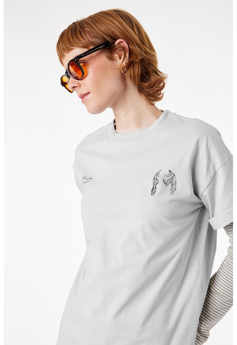 Tricou de bumbac cu imprimeu aripi pe spate - Gri deschis