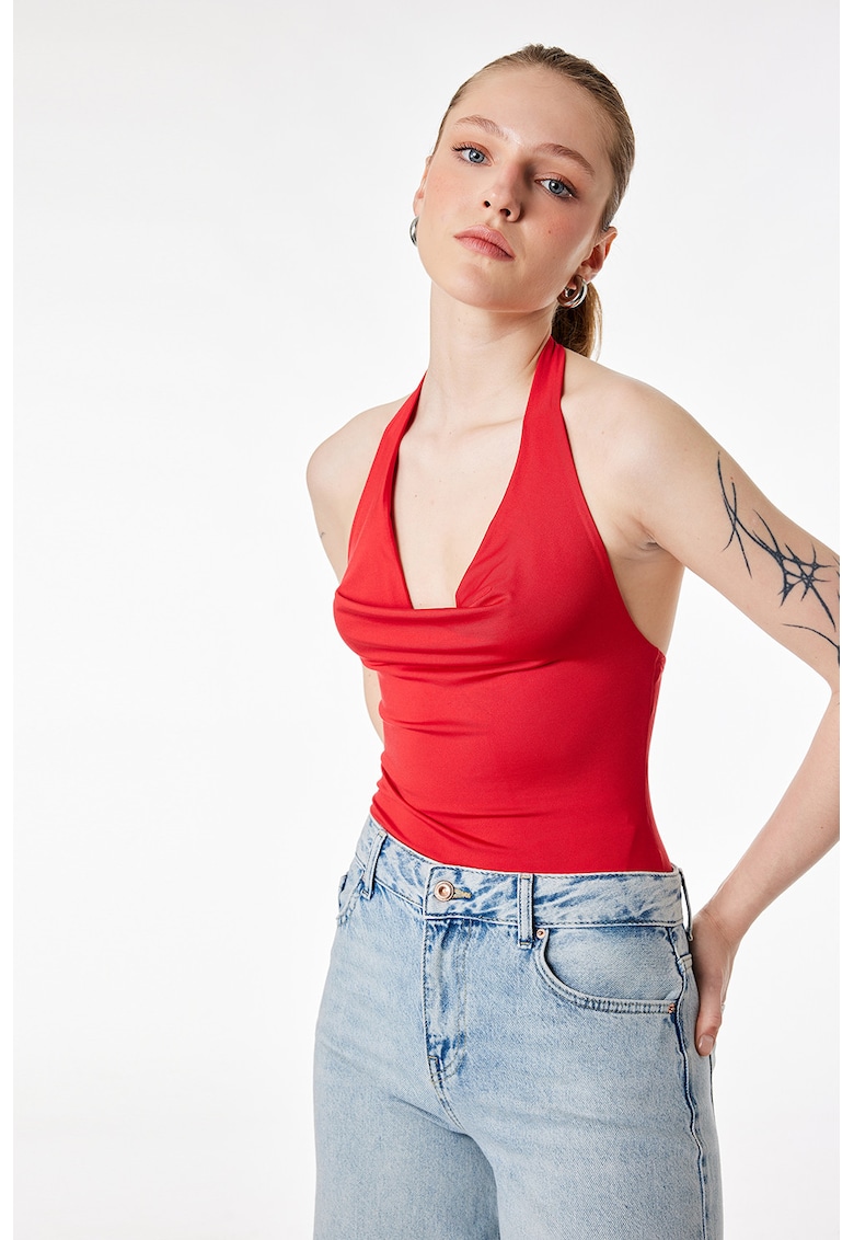 Body halter cu decolteu drapat - Rosu vermillion