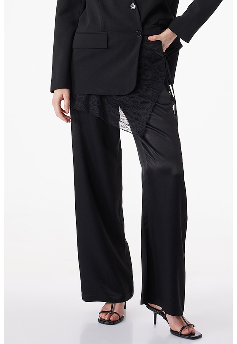 Pantaloni de satin cu detalii de dantela - Negru