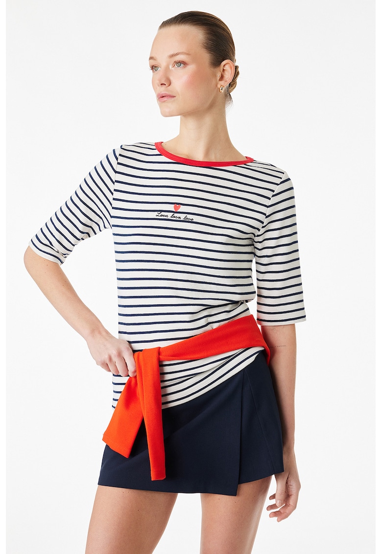 Tricou cu dungi si maneci medii - Negru/Rosu vermillion/Alb murdar