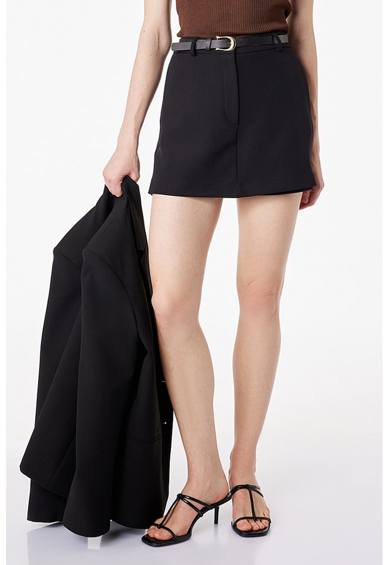 Fusta-pantalon mini cu talie medie si buzunare - Gri antracit