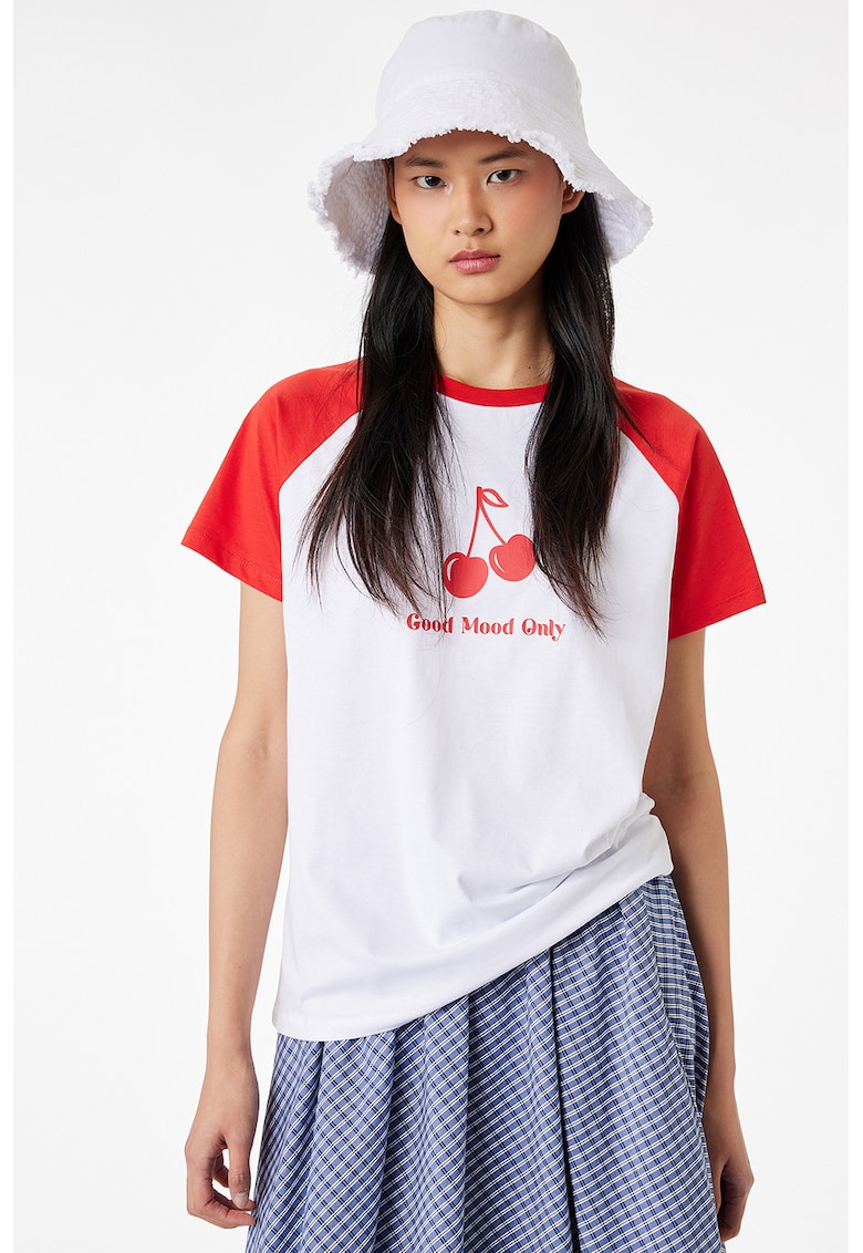 Tricou lejer cu maneci raglan - Rosu/Alb