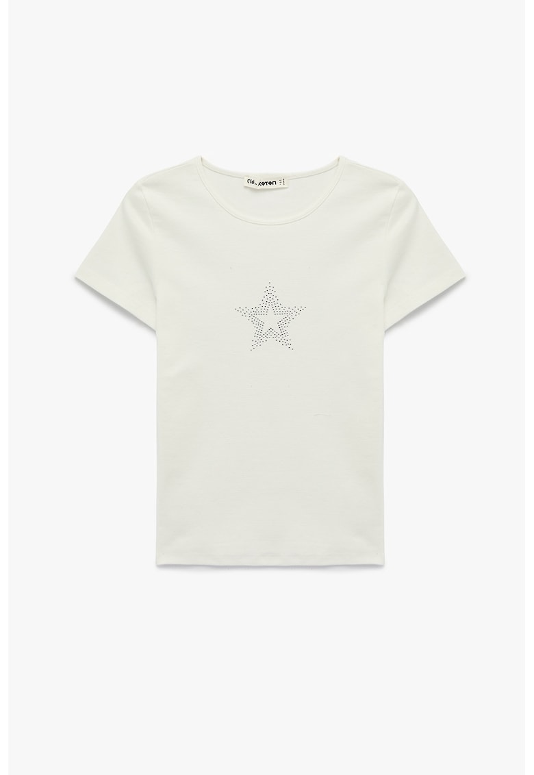 Tricou slim fit cu strasuri - Crem