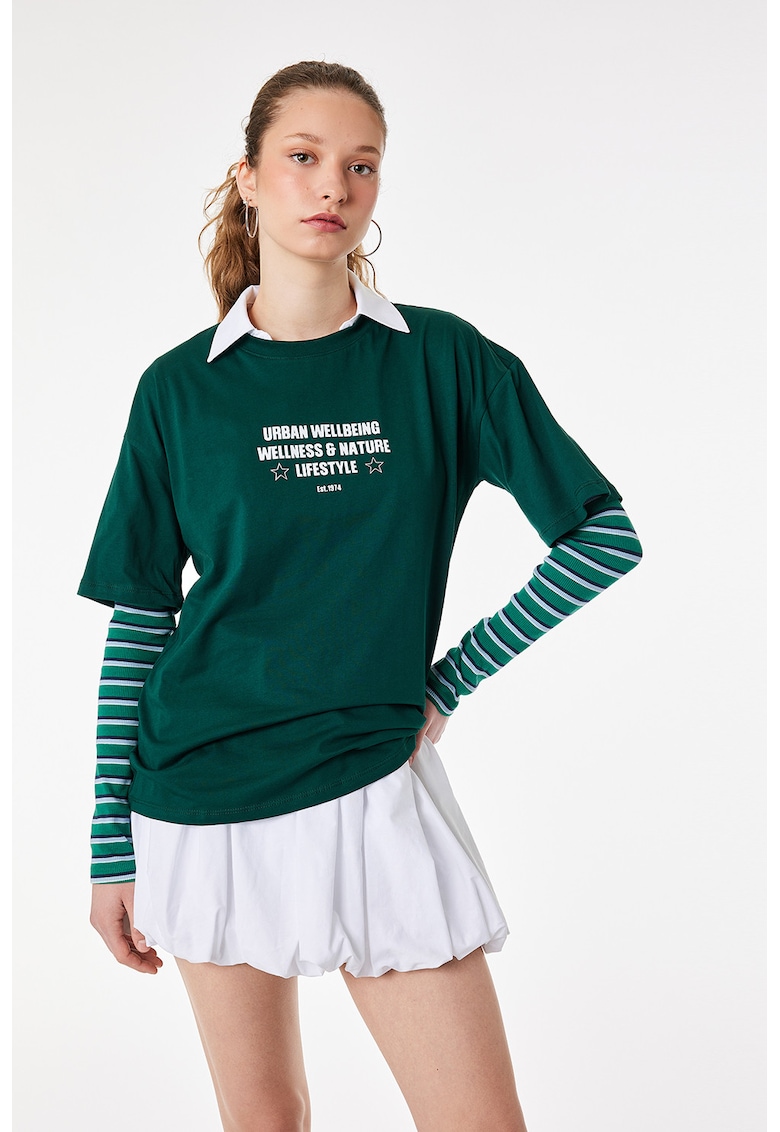 Tricou de bumbac cu imprimeu text - Verde englez