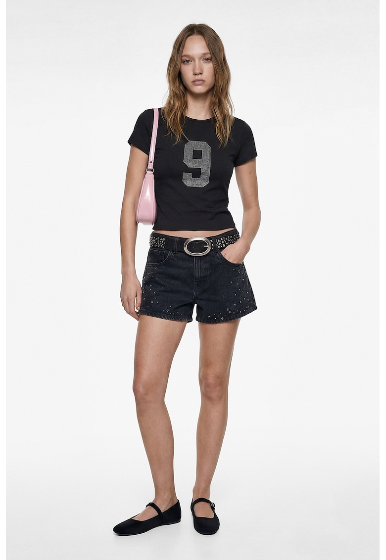 Tricou slim fit cu strasuri - Negru stins