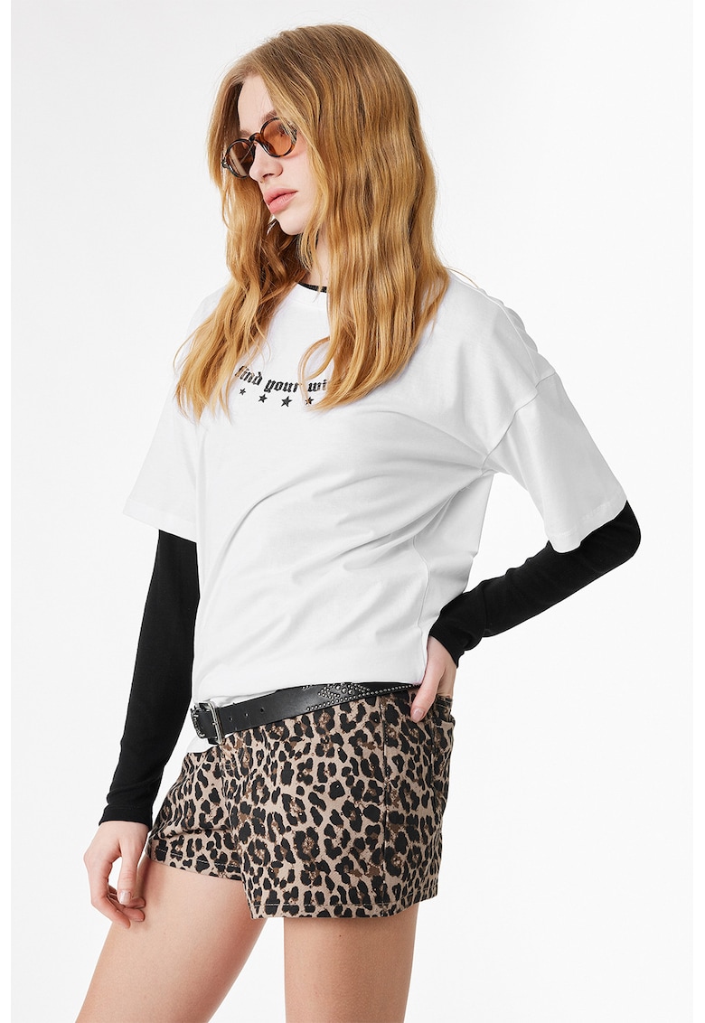 Pantaloni scurti din bumbac cu model animal print - Maro taupe/Maro pamantiu