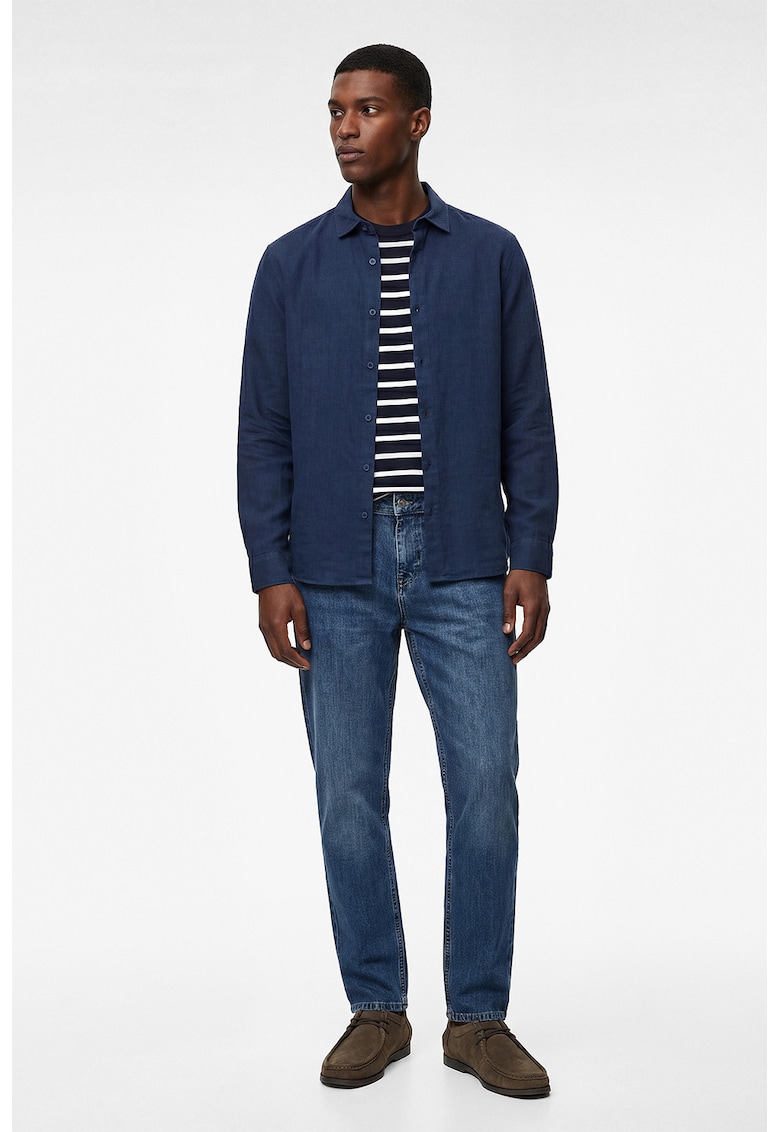 Blugi cu croiala conica si detalii decolorate - Albastru indigo