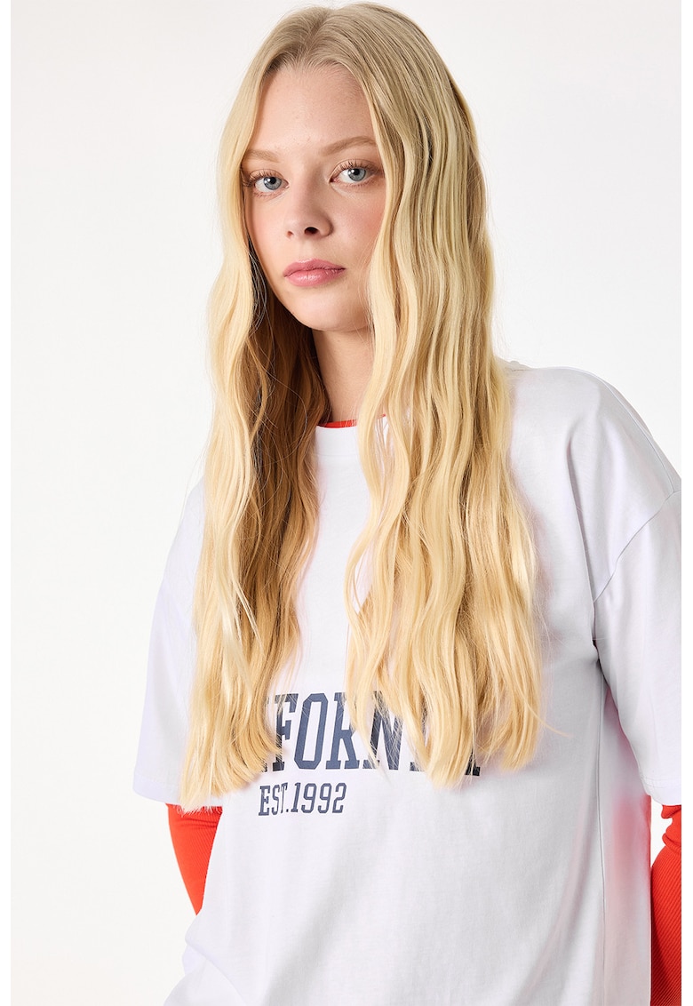 Tricou lejer din bumbac cu imprimeu text - Alb murdar