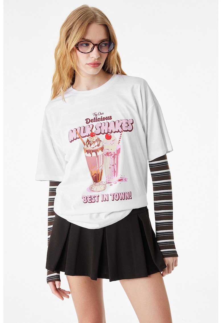Tricou din bumbac cu imprimeu grafic si text - Alb/Roz deschis