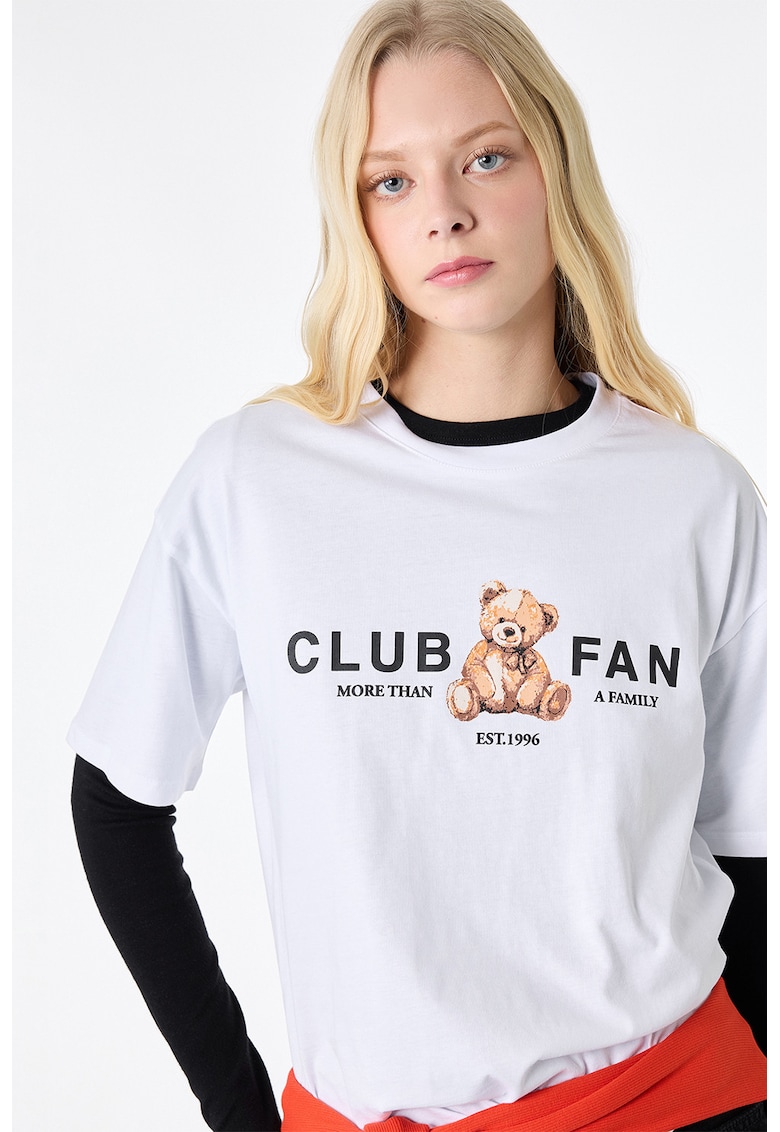 Tricou din bumbac cu decolteu la baza gatului si imprimeu - Alb