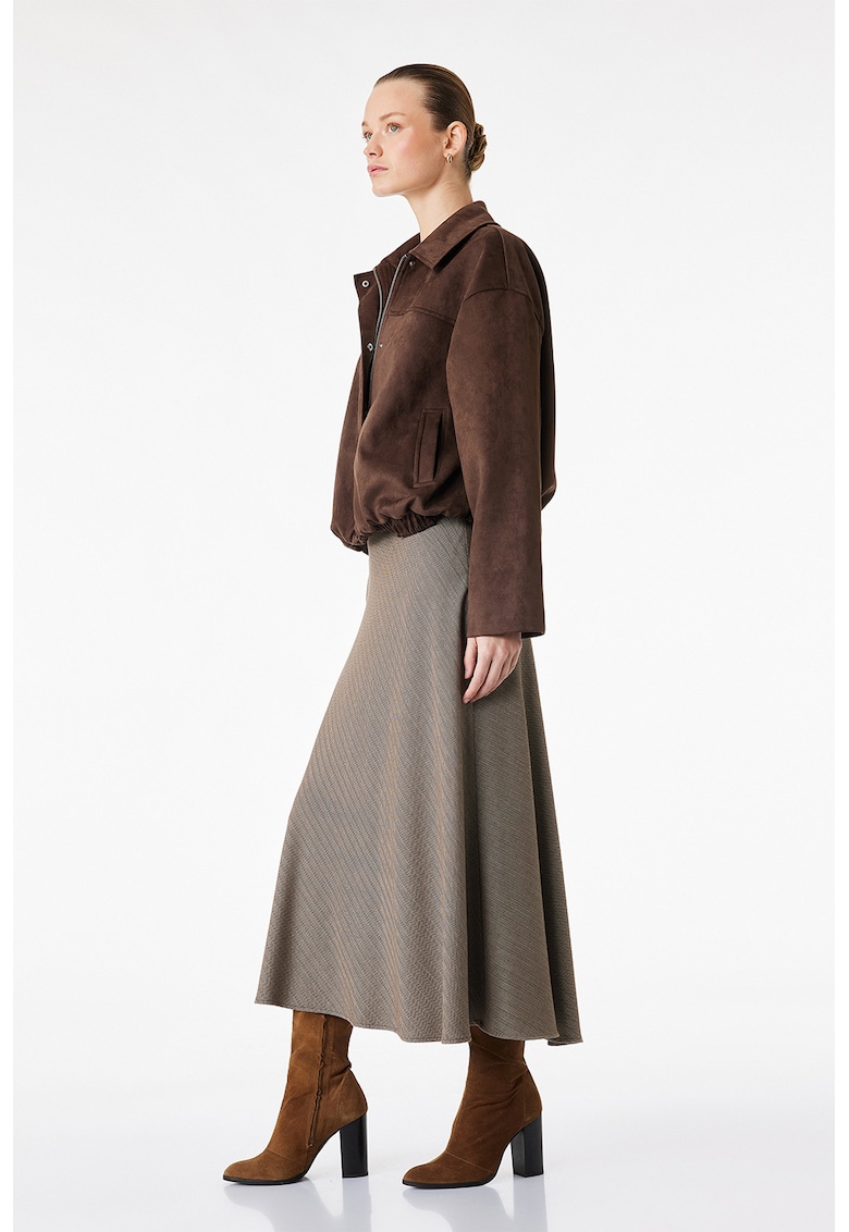 Fusta midi cu croiala pe bie si model herringbone - Maro taupe
