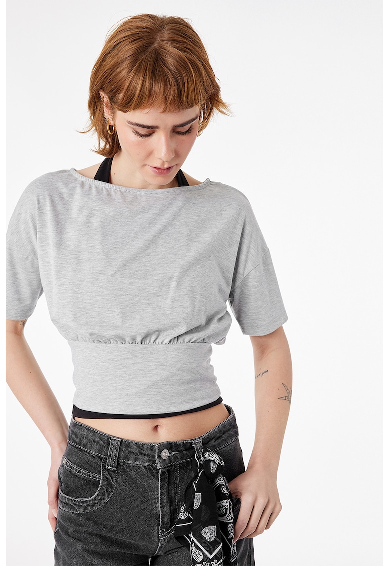 Tricou crop cu maneci cazute si talie elastica - Gri melange