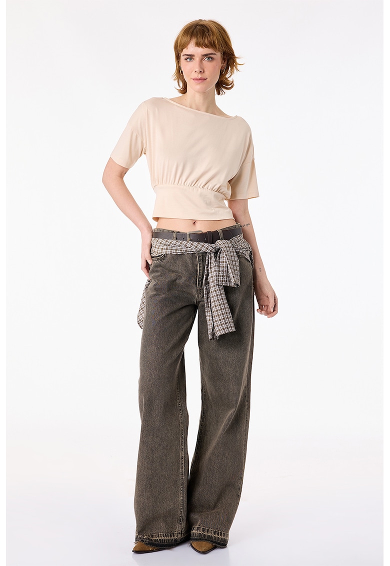 Tricou crop cu maneci cazute si talie elastica - Bej