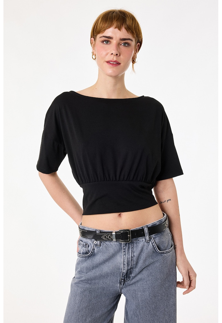 Tricou crop cu maneci cazute si talie elastica - Negru
