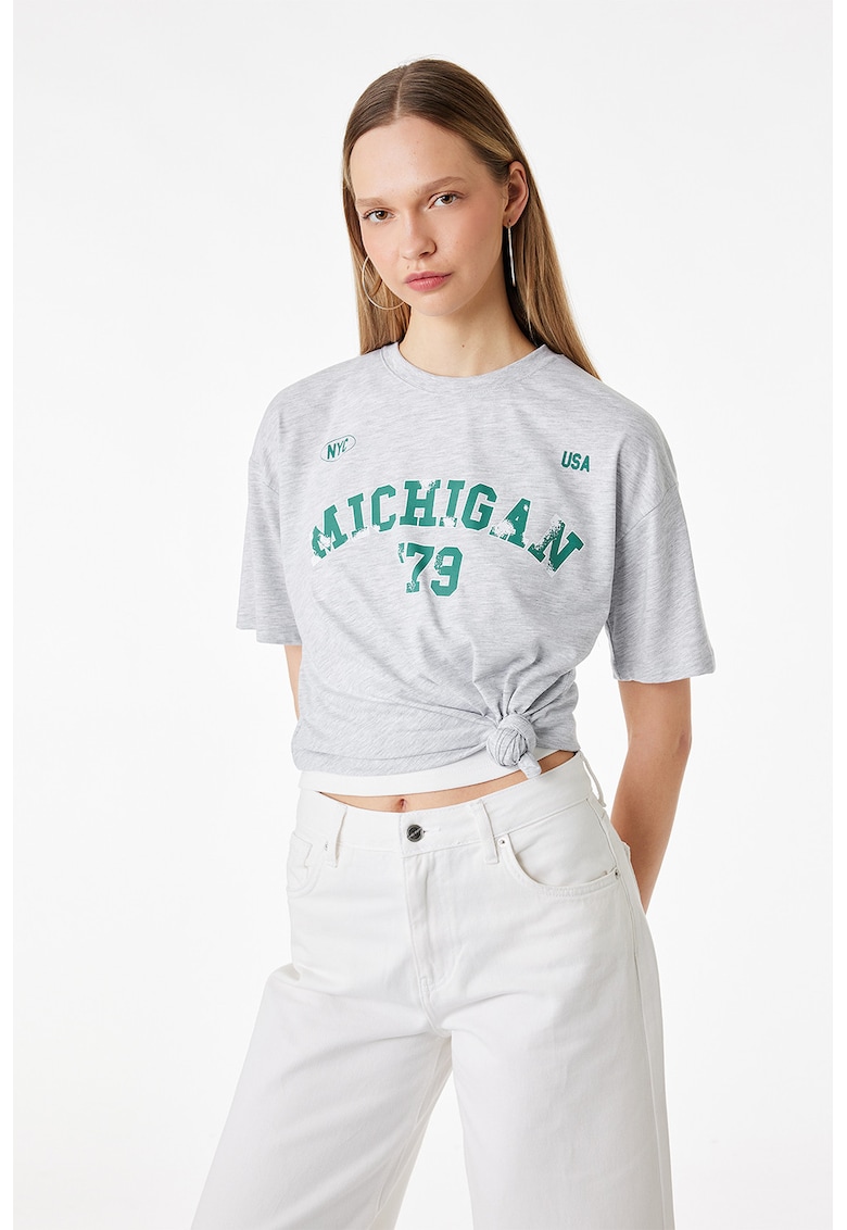 Tricou din amestec de bumbac cu imprimeu text - Alb