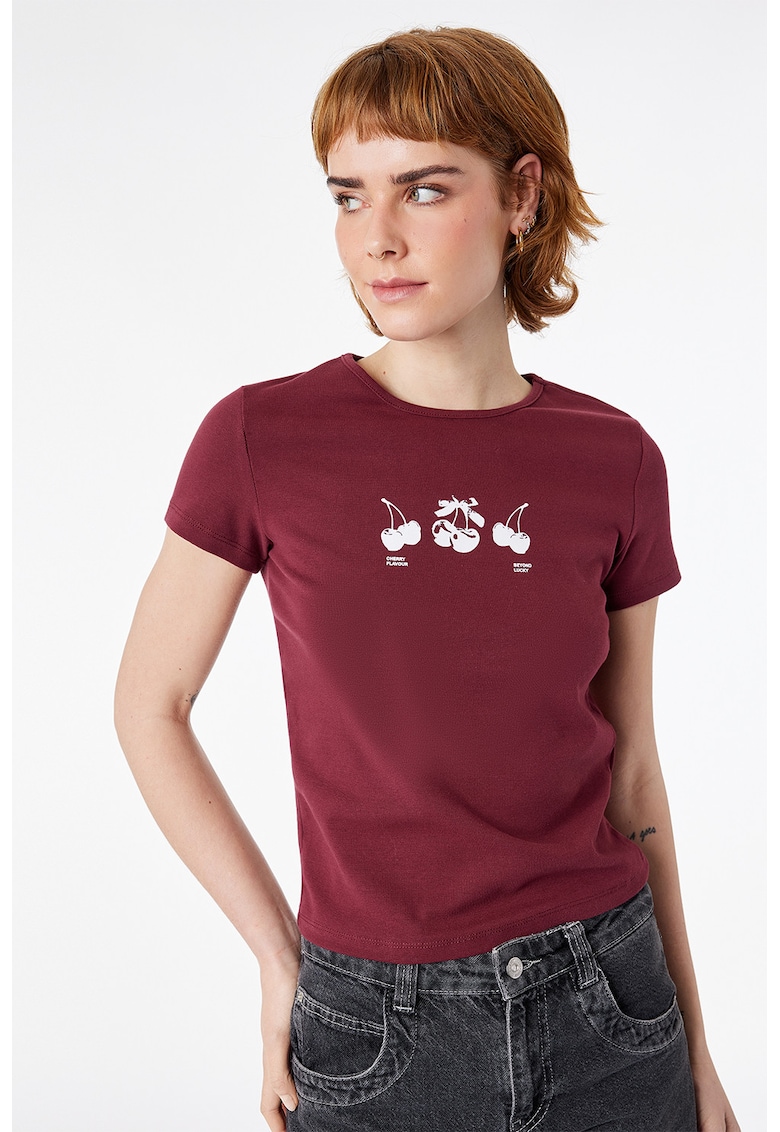 Tricou crop din amestec de bumbac - Rosu inchis