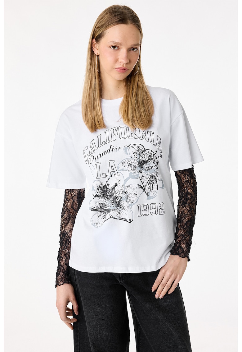Tricou cu imprimeu floral si text - Alb murdar