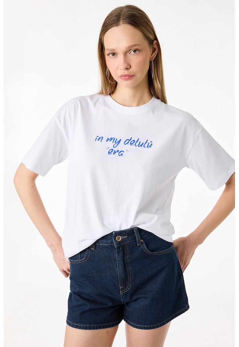 Tricou cu decolteu la baza gatului si imprimeu text - Alb murdar