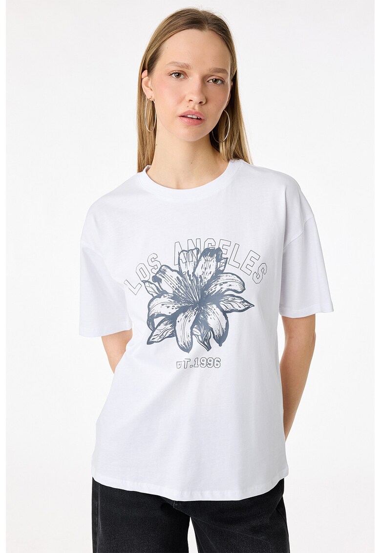 Tricou cu decolteu la baza gatului si imprimeu floral - Alb murdar