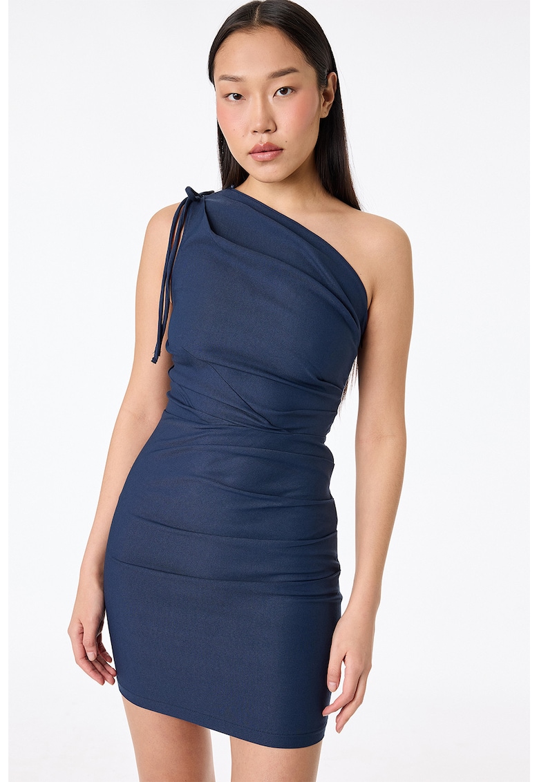 Rochie mini slim fit cu decolteu pe un umar - detaliu drapat si funda - Albastru petrol