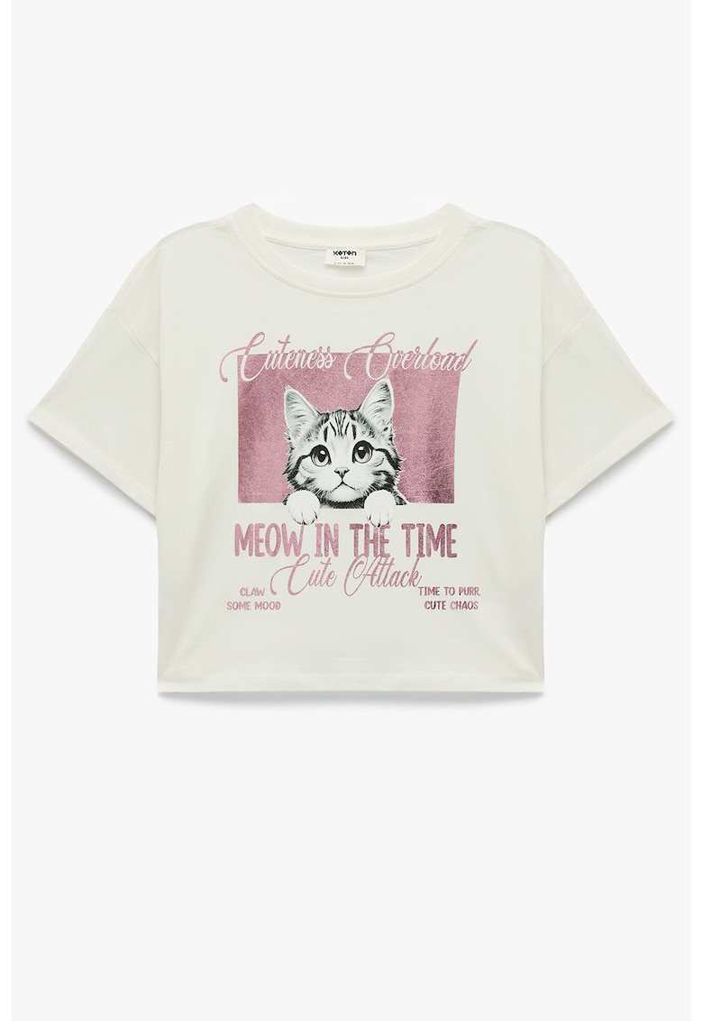 Tricou cu imprimeu cu pisica - Alb murdar/Roz prafuit