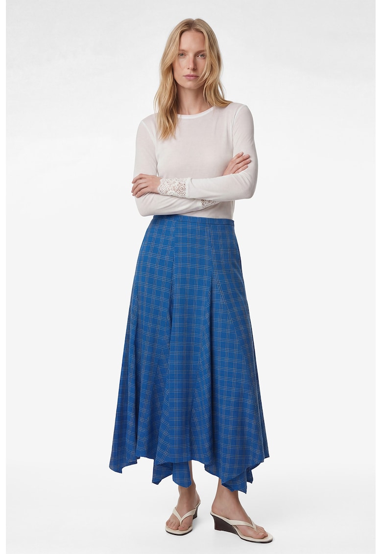 Fusta midi asimetrica cu model in carouri - Albastru royal