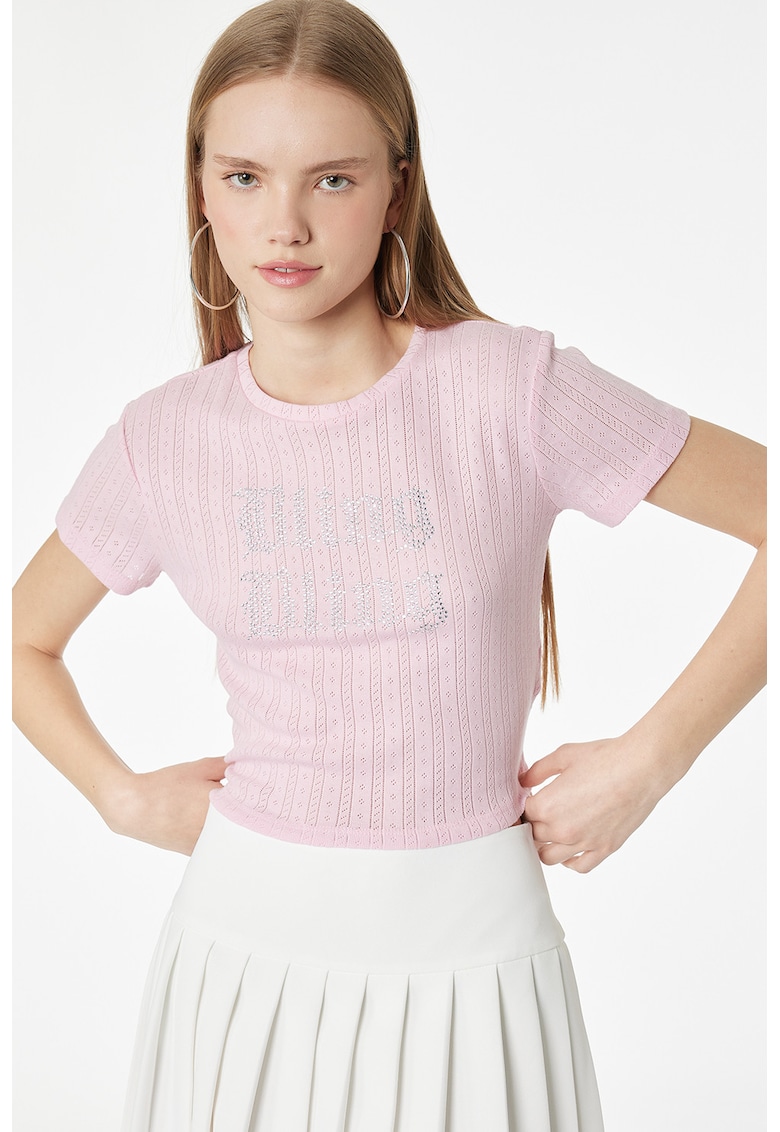 Tricou striat cu text cu strasuri - Roz pal