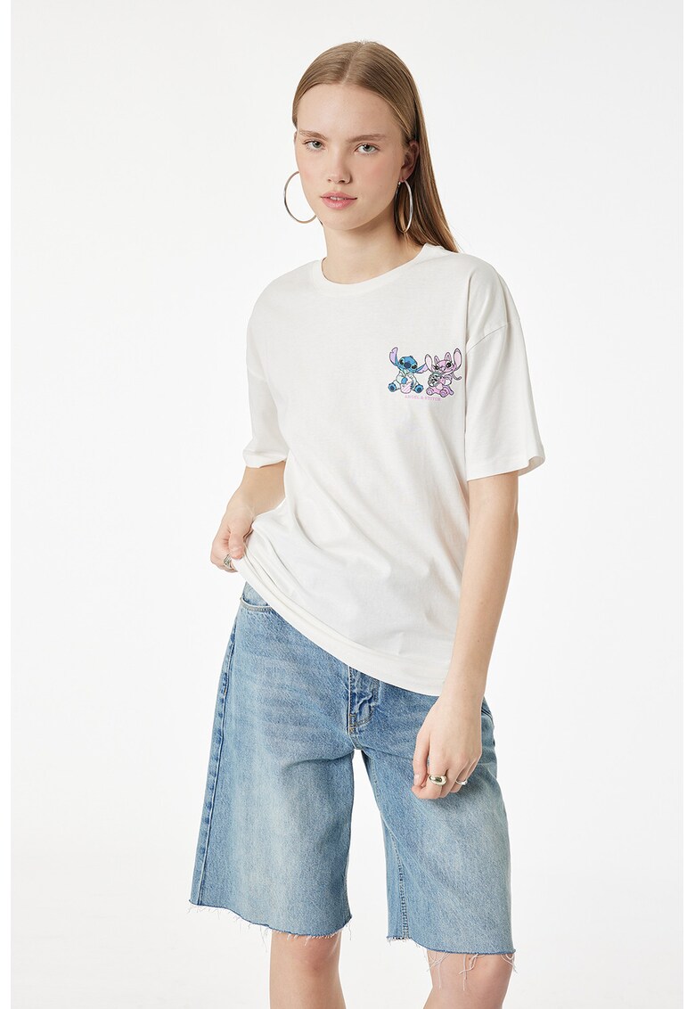 Tricou lejer cu imprimeu Stitch & Angel - Alb