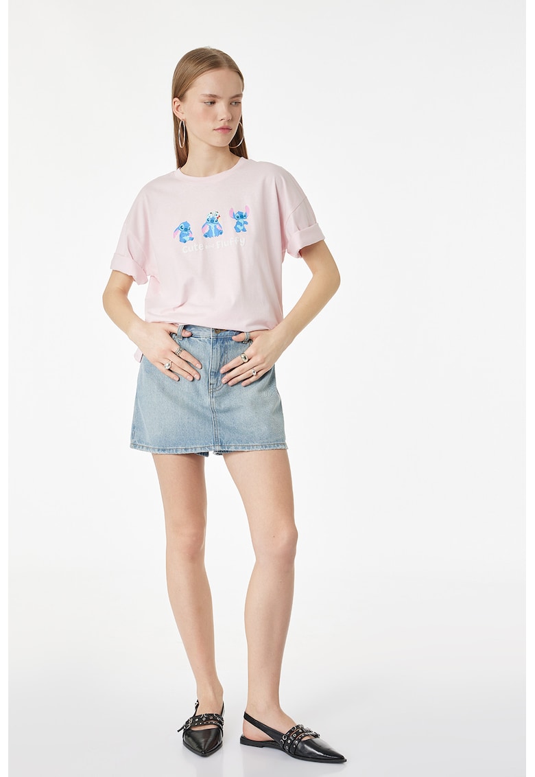 Tricou de bumbac cu imprimeu Stitch - Roz pal