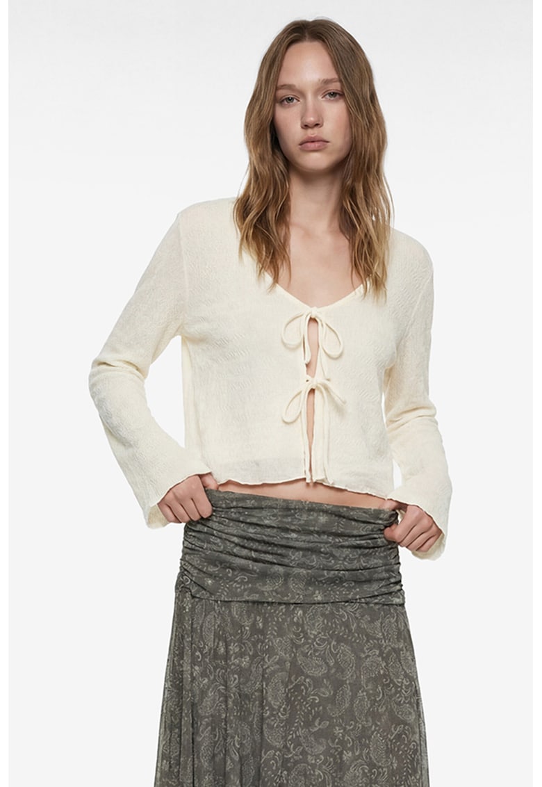 Bluza crop cu decolteu in V - Crem