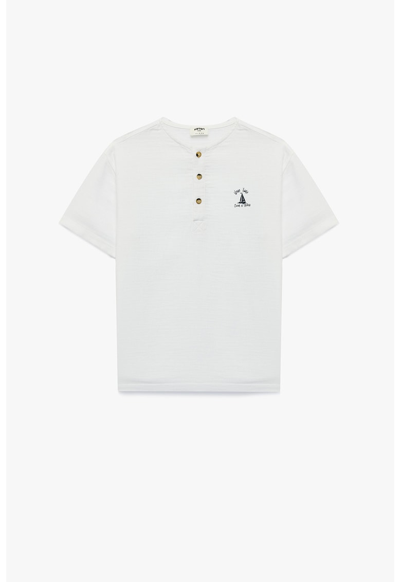 Tricou de bumbac cu fenta cu nasturi - Alb