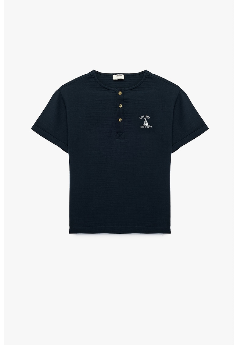Tricou de bumbac cu fenta cu nasturi - Albastru ultramarin
