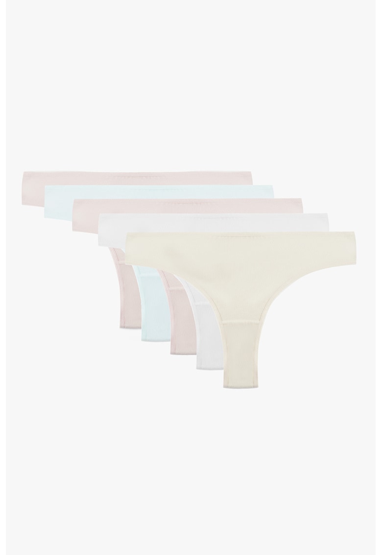 Set de chiloti tanga din amestec de bumbac- 5 perechi - Galben pal/Roz pal